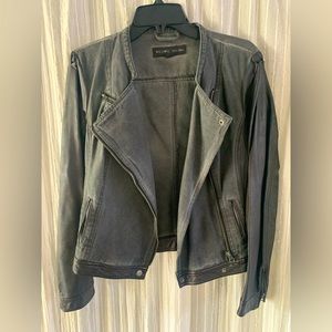 Dark grey denim and vegan leather moto jacket from Nordstrom